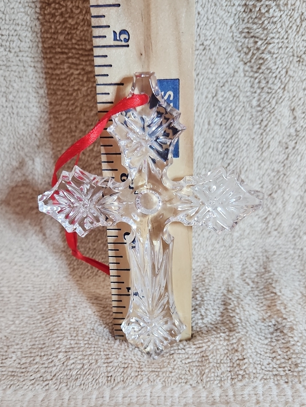 Waterford Crystal Clear Cross Ornament with Red Ribbon